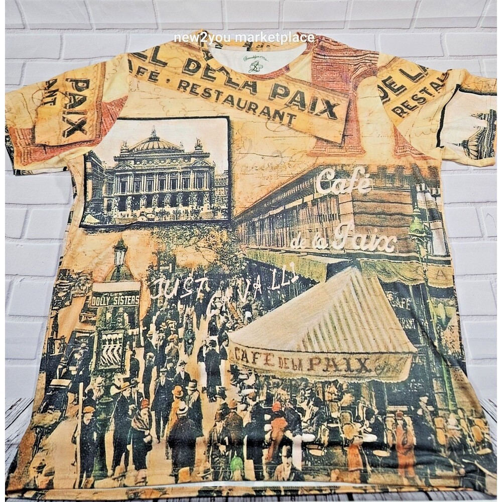vtg Steven land art t-shirt all over print Paris cafe de la paix street 3XL